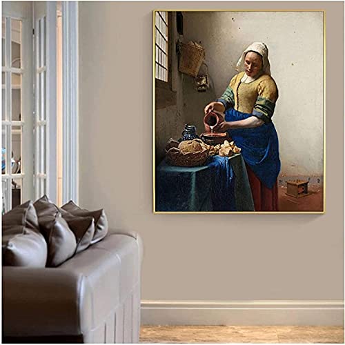 JIERUIFBH Cuadros de Pared Obra de Arte de la Lona Pinturas de Arte Famosas de Milkmaid en los Carteles e Impresiones Imágenes de Obras de Arte Famosas de la Edad de Oro Holandesa 20x30cm sin Marco