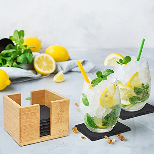 Juego de 10 Posavasos Originales para Bebidas, Posavasos Silicona Resistente al Calor, Elegantes Platos Pizarra Negra con Soporte, Plato Pizarra Multiuso para Bebidas, Aceite, jarrones y más