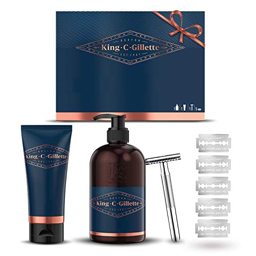 King C. Gillette Máquina de Afeitar de Doble Filo Hombre + 5 Cuchillas de Recambio + Gel Transparente + Gel para Barba y Rostro, Regalos Originales para Hombre