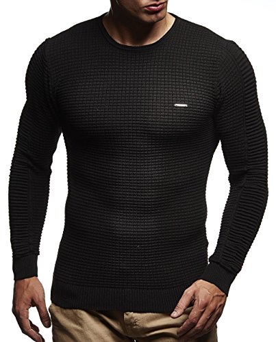 Leif Nelson suéter de Jersey de Punto Fino de Cuello Redondo de los Hombres de LN-1545 Negro X-Large