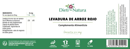 Levadura de arroz rojo 200 cápsulas de Dieti Natura [Ayuda contra el colesterol][Fabricado en Francia][Garantía sin OGM]