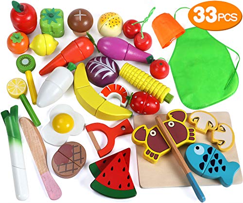 Lewo Frutas de Corte Set de Verduras Magnetic Wooden Food 33 Piezas Juego de imaginación Kitchen Early Educational Toys para niños pequeños Chicas