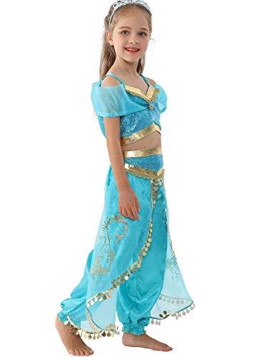 Lito Angels Disfraz de Princesa Jasmine para Niña con Capa Vestido de Jazmin Talla 6 a 7 Años Verde Azulado, Estilo A