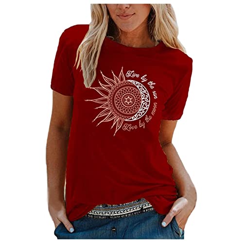 LSEEKA Camiseta de verano con cuello redondo para mujer, camisetas casuales de manga corta, blusas vintage con estampado de sol y luna, rosso, S