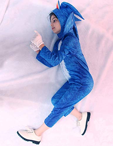 LUCKY Niñas Niños DisfrazSonic Hedgehog Jumpsuit + Tocado + Guantes Traje de lujo (125-140cm / 7-8 años, Azul)