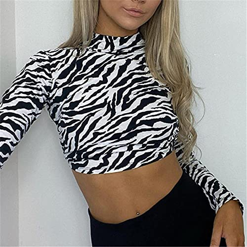 maozuzyy Camiseta De Manga Corta T-Shirt Nueva Camiseta De Mujer De Manga Larga con Estampado De Cebra Espalda Abierta con Cordones Top Salvaje Negro Blanco Sexy Clubwear-M