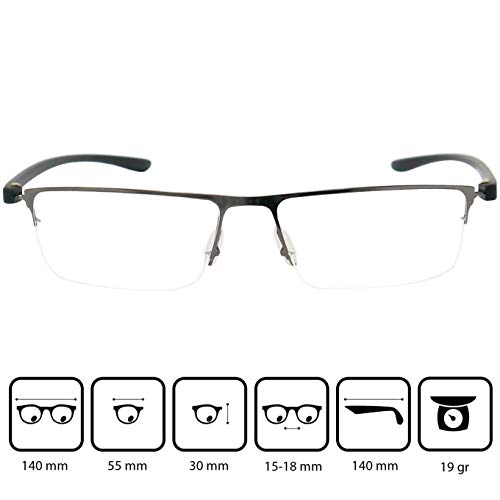 Mini Brille Gafas de Lectura con Cristales Rectangulares, Media Montura de Acero Inoxidable (Grafito), Funda GRATIS, Gafas Para Leer Hombre y Mujer +3.0 Dioptrías