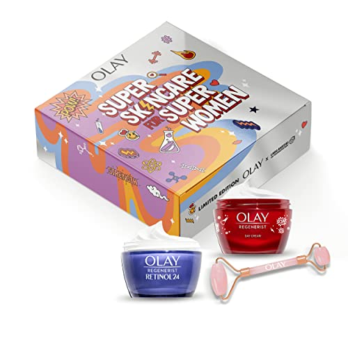 Olay Set De Regalo Con Caja Y Face Roller Gratis, Regenerist Crema De Día + Retinol Crema de Noche Para Una Piel Renovada Y Radiante, Con Niacinamida, Péptidos Y Complejo Retinoide