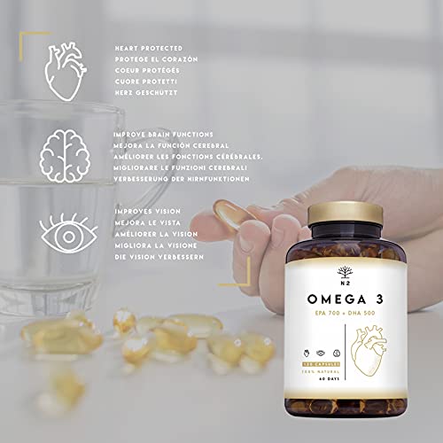 Omega 3 + Vitamina E 2000mg, 700mg EPA, 500mg DHA. Aceite de Pescado.Regula el Colesterol, Favorece la Vista, Corazón y Cerebro Saludables. Libre de Metales Pesados.120 Cápsulas.N2 Natural Nutrition