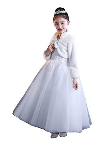 Ommda Princesa de Niña Cárdigan Chal de Piel Sintética Chaquetilla de Bolero niña Fiesta de Flor Capa de Princesa Accesorios de Vestido con Manga Larga,Blanco,S (3-5años)