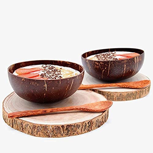 Pack >> 2 Bol Desayuno estilo Bol de Coco + Tronco Madera | Cuencos Aperitivo o Cereales y Postres | Coconut Bowl: el Paraíso en tu Cocina