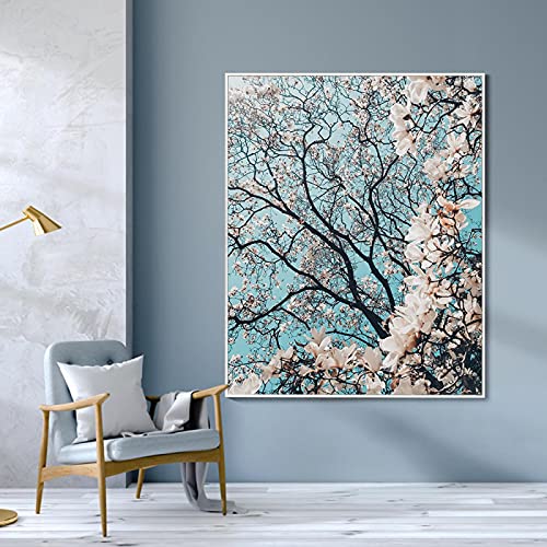 Paisaje Abstracto Lienzo Pintura áRbol Con Impresiones De Flores Blancas Y Carteles ImáGenes ArtíSticas De Pared Para Sala De Estar DecoracióN Del Hogar-80x100cm Sin Marco