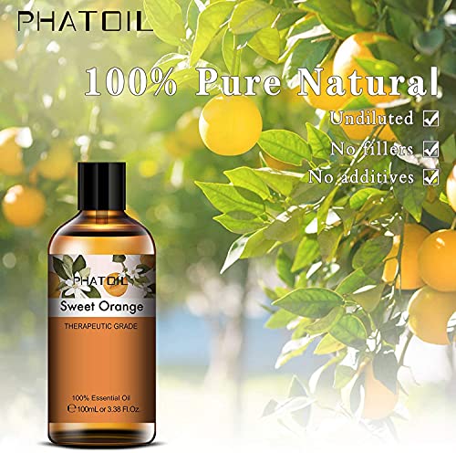 PHATOIL Aceites Esenciale de Naranja Dulce 100 ml, 100% Naturales Puros, Aceite Esencial de Aromaterapia de Grado Terapéutico, Aceite Esenciales para Humidificador, Difusor, Regalos Perfectos