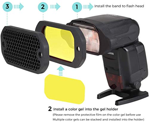 PHOLSY Universal Rejilla de Panal Flash Geles Filtro de Iluminación KIT con Corrección de Color para Canon Nikon Sony Godox Yongnuo Cámara Flash