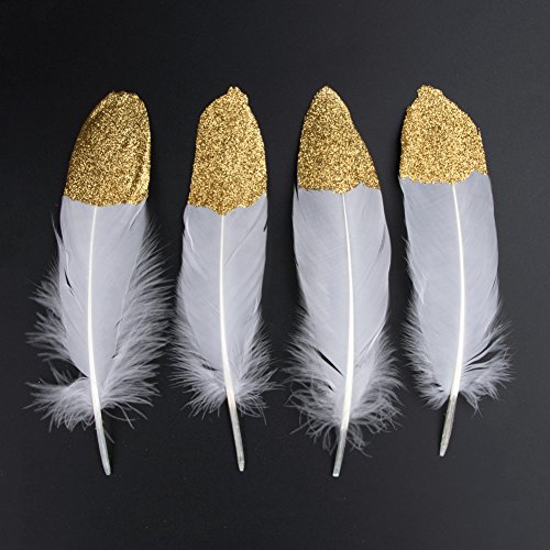 Plumas de Ganso, 40 pcs Oro Sumergido Blanco Natural Plumas de Gallo Manualidades Decoración para Disfraces Hats, Hogar Bricolaje, Ropa Casa Fiesta (accesorio de disfraz)(Oro)