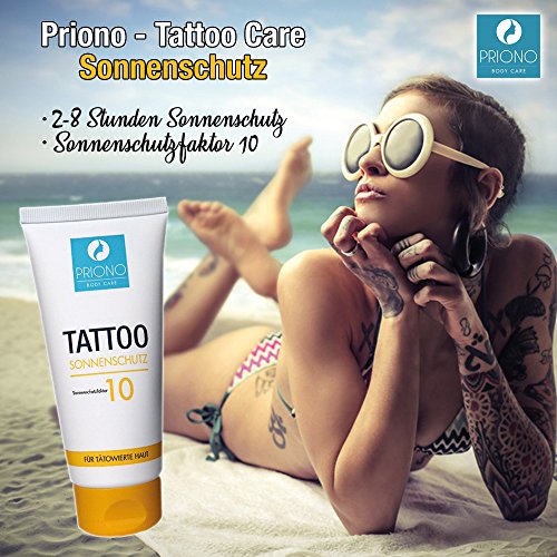 Priono Crema de protección solar para piel tatuada, crema solar para tatuajes con FPS 10, fabricada en Alemania, con aceite de citronela para el cuidado, 1 tubo de 100 ml