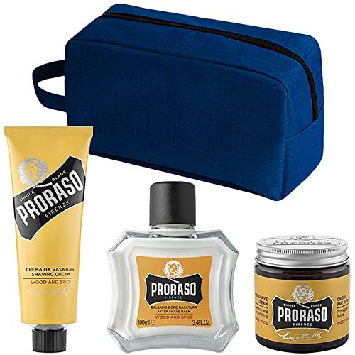 PRORASO Kit de afeitado profesional Wood and Spice para hombres compuesto por: Crema para antes del afeitado de 100 ml, crema de afeitar de 100 ml, bálsamo para después del afeitado + ARRISON® Beauty