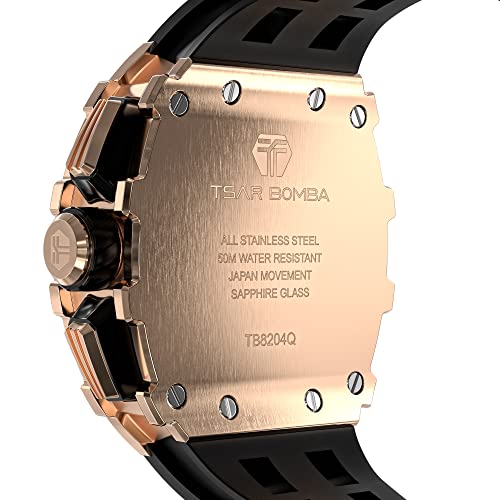 Reloj Hombre TSAR BOMBA Tonneau Lujo Relojes de Pulsera Cristal de Zafiro Movimiento Cuarzo Japonés Correa de Caucho Resistente al Agua 50M Cronógrafo Diseño Luminoso Hombres