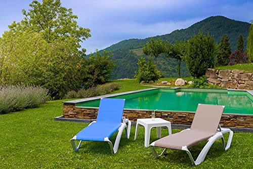 RESOL Marina Set 2 Tumbonas y 1 Mesa Auxiliar Andorra | Conjunto de Tumbonas con Ruedas Apilables | Muebles de Jardín Exterior | Estructura y Mesilla Blanca Textilene Azul