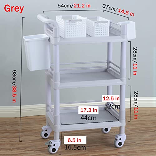 Soporte para instrumentos de peluquería de salón de 3 estantes con ruedas y 4 cestas de almacenamiento - Carro de herramientas con ruedas de ABS para equipos médicos (Color: gris, tamaño: 54x37x98 cm)