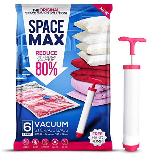 SPACE MAX - Bolsas de almacenaje en vacío Premium - 80 % más de compresión Que Otras - Bomba Manual para Viajes incluida - Grande - Pack de 6