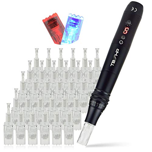 TBPHP P20 Eléctrico Dermapen Microagujas Pen 2 Colores Led Bolígrafo eléctrico con pantalla LCD para el tratamiento de la pérdida de cabello cicatriz acné cicatrices(30 cartuchos)-Negro