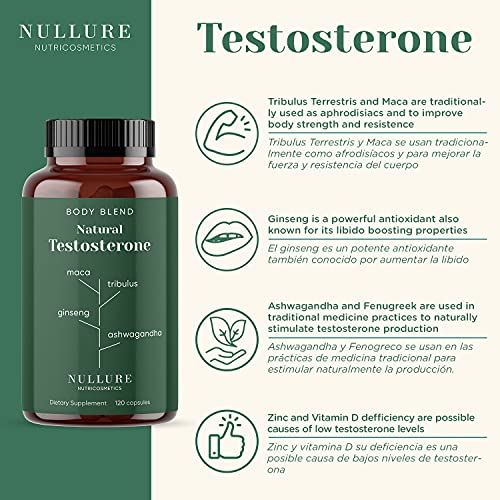 Testosterona Hombre Natural Nullure | Mejora Rendimiento y Potenciador del Deseo Masculino - Maca + Zinc + Ashwagandha + Ginseng + Tribulus Terrestris + Vitamina D + Fenogreco - 120 cápsulas (2 meses)