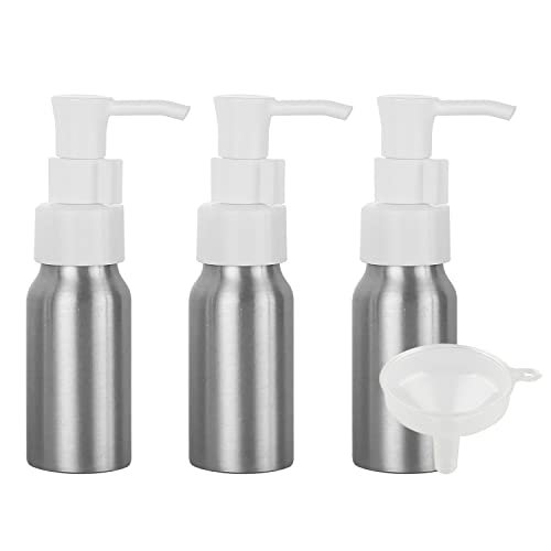 TIANZD 3 Piezas Pequeño 50 ml Botella de Dosificador Botella de Aluminio Plata con Bomba Vacías Envase Cosmético para Champú de Loción Gel Cremas Aceite Esencial Viaje, 1x Embudo