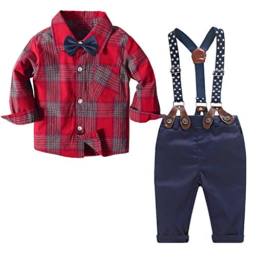 Traje de bebé niño Ropa Formal de Boda Camisa a Cuadros para bebés Varones + Pajarita + Tirantes + Pantalones Conjunto de 4 Piezas Traje de cumpleaños （Rojo, 3-4 años）