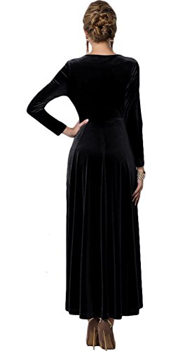 VERYCO - Vestido largo elástico de terciopelo, cuello de pico, manga larga, estilo vintage negro negro 52