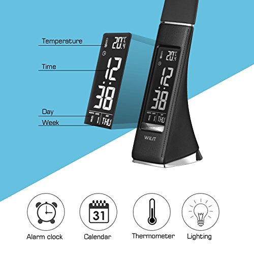 WILIT U2 5 W Lámpara de mesa LED, lámpara de escritorio con pantalla regulable, despertador, calendario, pantalla de temperatura y cuello de ganso, negro