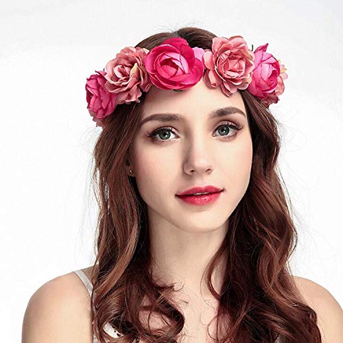 Wohlstand Cinta para el cabello,corona de flores,Flor Hecha a Mano Diadema Corona Floral,ajustable,Novia Corona Boda Halo Guirnalda Floral Bandas Para La Cabeza Casco,para mujer o niñas-2 piezas