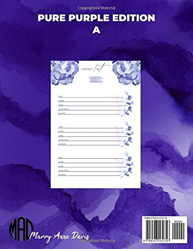 Working From Home - Contacts notebook; PURE PURPLE EDITION A: Business and VIP client’s data with notes and 2021-2100 calendar and floral watercolor drawings