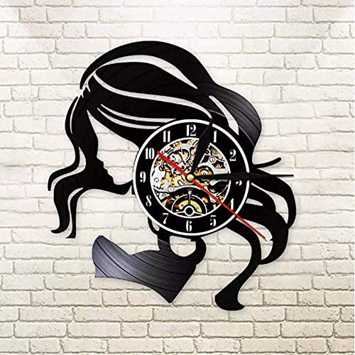 Wwbqcl Reloj de Pared con Logo Retro de peluquería de Mujer Hermosa Hecho de Cuidado del Cabello de Vinilo Reloj de Pared de peluquería de Mujer Hermosa