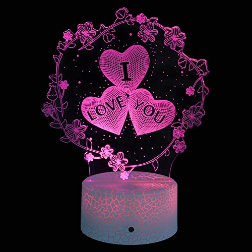ZWOOS Lámpara 3D, Luz Ambiental para San Valentín, Luz Nocturna alimentada por Baterías o USB, 16 Colores, Regulable, Regalo para Ella, Cumpleaños, Propuesta
