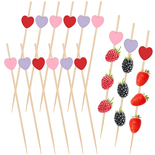 100 Piezas de Palillos para Cócteles Palillos de Frutas de Corazón de Rosa Rojo Púrpura Palillos para Apertitivos Brochetas de Cóctel de Bambú Largas para San Valentín Fiesta