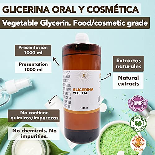 1000 ml - Glicerina oral y cosmética, Pureza +98% (Glicerina vegetal). Glicerina comestible, cosmética, piel, cabello,líquidos de vapeo. Glicerina natural.