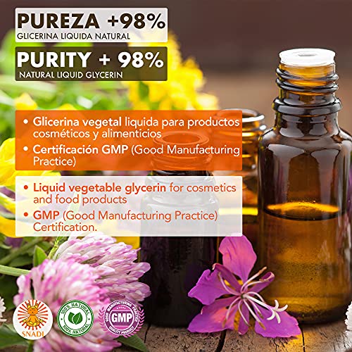 1000 ml - Glicerina oral y cosmética, Pureza +98% (Glicerina vegetal). Glicerina comestible, cosmética, piel, cabello,líquidos de vapeo. Glicerina natural.