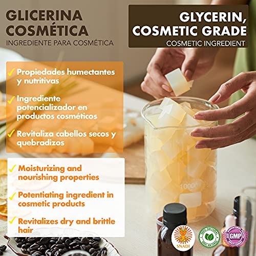 1000 ml - Glicerina oral y cosmética, Pureza +98% (Glicerina vegetal). Glicerina comestible, cosmética, piel, cabello,líquidos de vapeo. Glicerina natural.