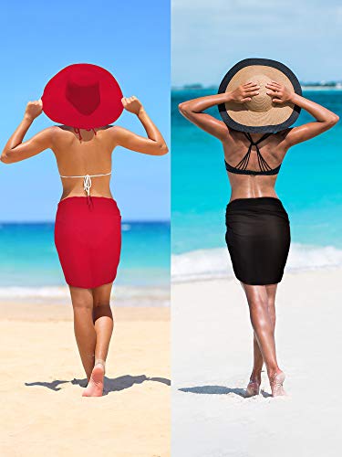 2 Piezas de Pareo de Playa de Mujeres Cubiertas Sarong Falda de Gasa de Bañador (Negro y Rojo)