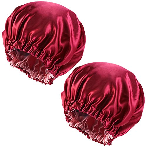 2 Piezas Gorro de Saten para Dormir Pelo Rizado, Doble Capa Gorra de Noche, Sombrero de Gorro de Dormir Ajustable Cubierta de Cabeza para Mujeres y Chicas (Borgoña & Rosa)