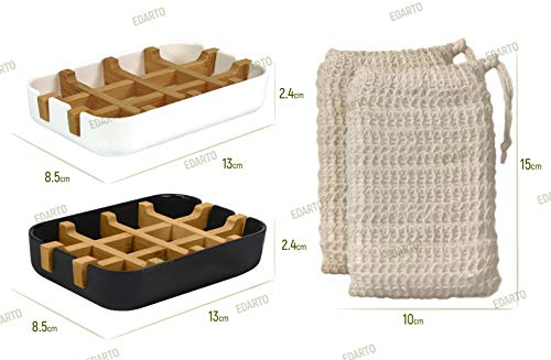 2 x jabonera sostenible, ecológica fabricada en madera de bambú natural con bandeja de goteo de fibra de bambú. Colores blanco y negro + 2 bolsas de jabón de sisal natural para peeling corporal