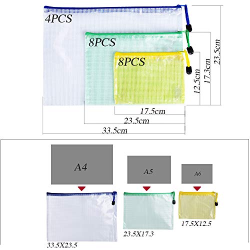 20pcs Carpetas Plástico de Documentos 3 Tamaños A4 A5 A6 Bolsas de Archivo con Cremallera para Papel Accesorios Oficina Escuela Hogar Colores