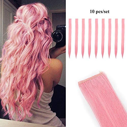 22"(55cm) Extensiones de Cabello Clip Mechas de Colores Fantasía 10 Tiras/Set Pelo Sintético Natural para Niñas Muñecas Postizos Pelucas Accesorios Liso (100g,Rosa Oscuro)