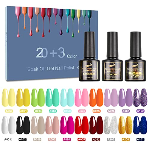 23 Pcs Esmalte Semipermanente, SHOWNAIL 20 Colores Pintauñas Semipermanentes Remojo con Base, Top Coat Brillante y Mate, Set Esmalte de Uñas Semipermanentes con Desnudo Rosa Neón Blanco Negro, 8ML