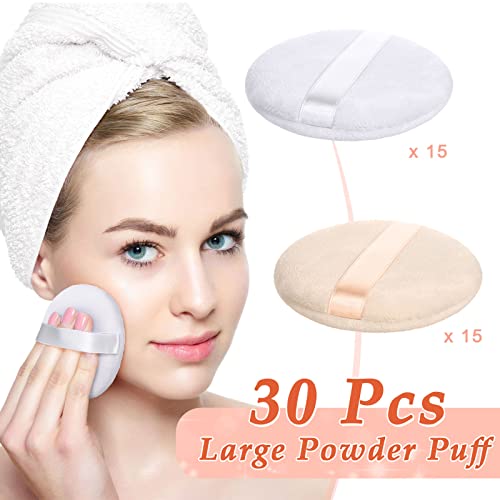 30 Soplos de Polvo de Color de Piel Suave y Blanca Borla de Polvo de Cuerpo Normal de 3,15 Pulgadas Borla de Maquillaje de Algodón Lavable Almohadilla de Maquillaje Grande Peluda con Correa