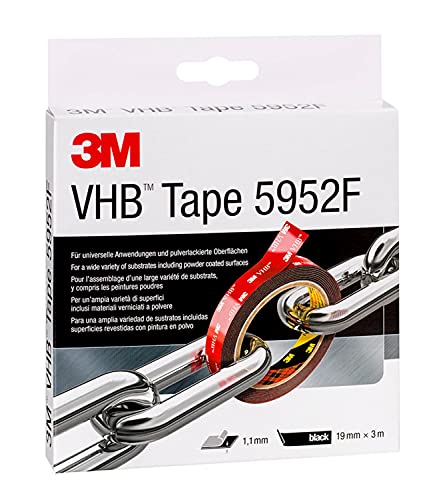 3M VHB Cinta Adhesiva 5952F - óptima adhesión a la mayoría de las pinturas en polvo, metales, vidrio, madera sellada, acrílico, policarbonato, ABS - 19 mm X 3 m, negro, espesor 1.1mm (1 unidad)