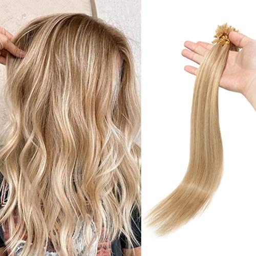 50cm - Silk-co Extensiones de Queratina de Pelo Natural 0.5g *100 Mechas U Tip Keratina Hair Extensions Remy Human Hair - 18P613# Rubio Ceniza y Rubia Dorado