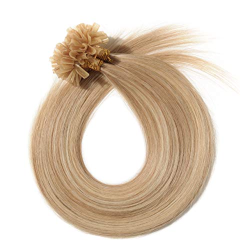 50cm - Silk-co Extensiones de Queratina de Pelo Natural 0.5g *100 Mechas U Tip Keratina Hair Extensions Remy Human Hair - 18P613# Rubio Ceniza y Rubia Dorado