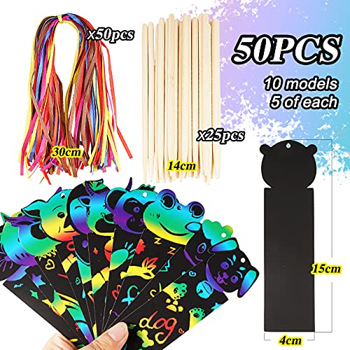 50pcs Papel de Rascar Papel Scratch Art Manualidades Creativas Dibujar de Rascar con Lápices de Madera Cuerda Colores Papel de Marcador de Libros Animales para Niños Infatiles